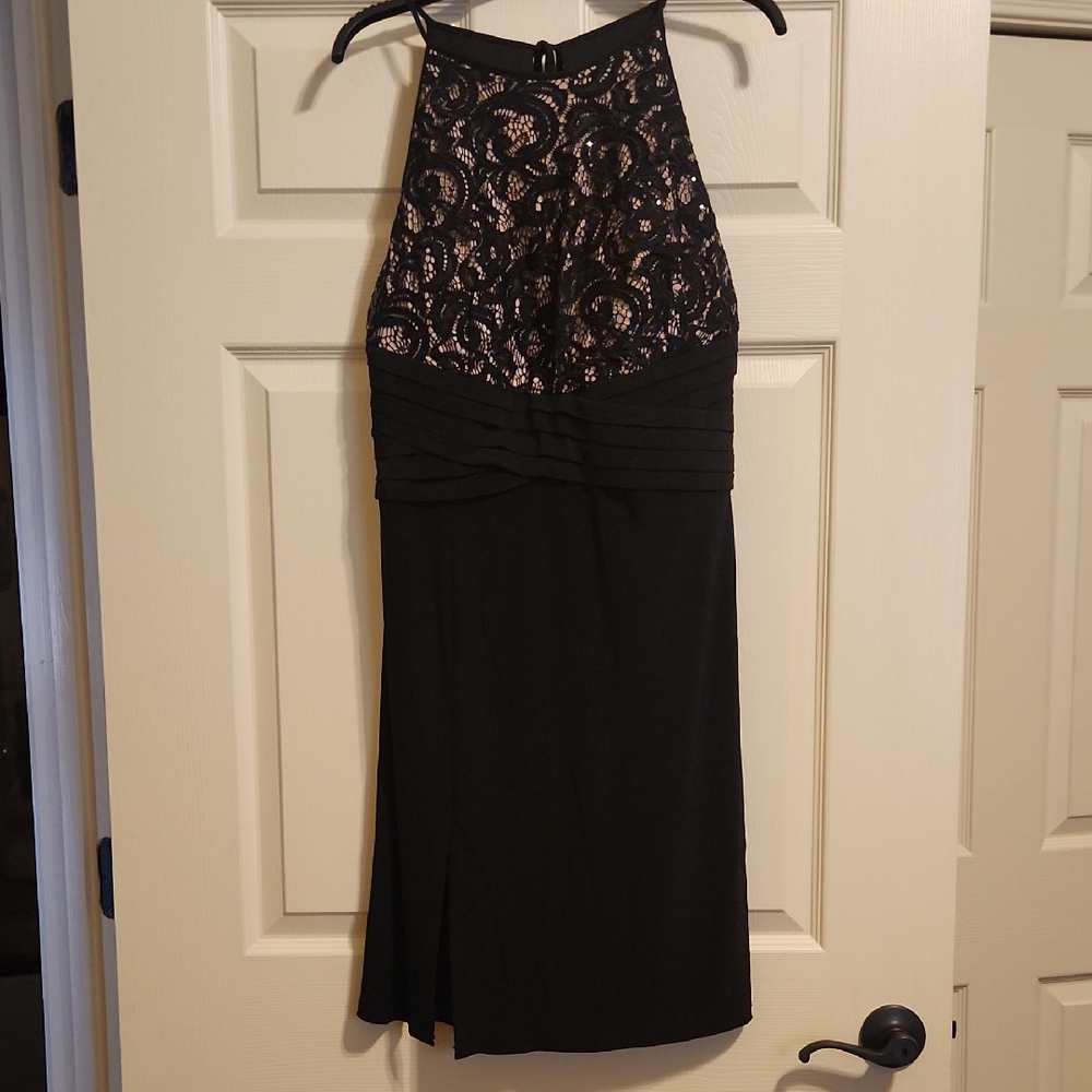 R&M Richards Halter-Style Black and Beige Dress With Sequins & Lace, 14